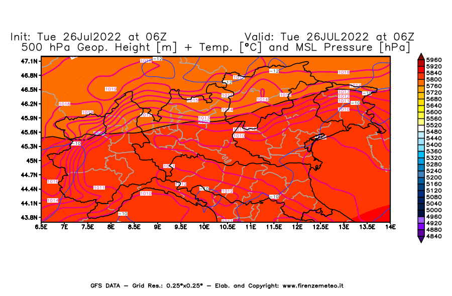 Mappa di analisi GFS - Geopotenziale [m] + Temp. [°C] a 500 hPa + Press. a livello del mare [hPa] in Nord-Italia
							del 26/07/2022 06 <!--googleoff: index-->UTC<!--googleon: index-->