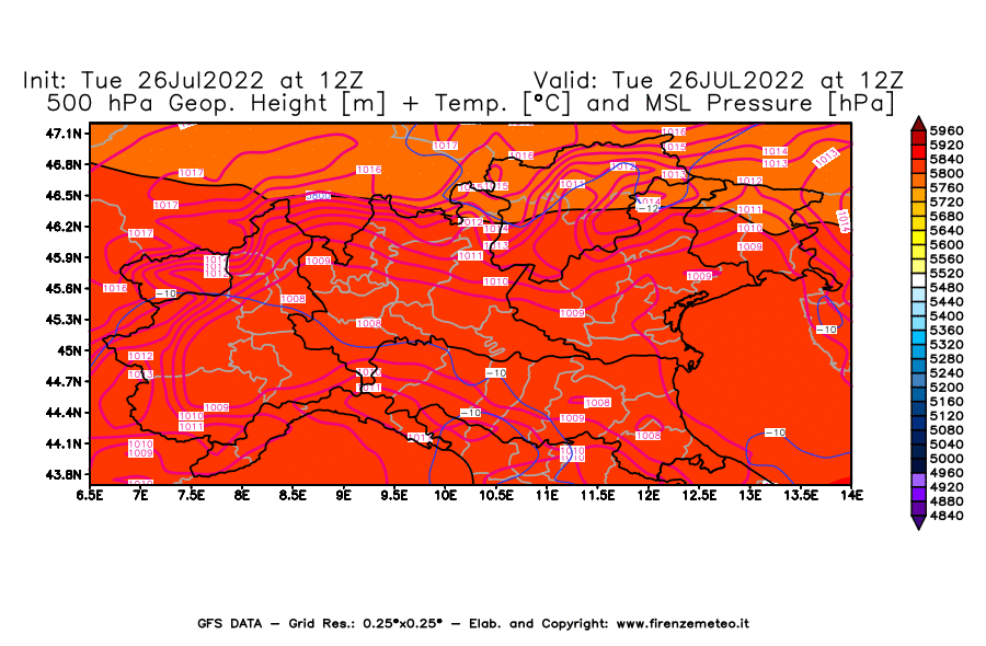 Mappa di analisi GFS - Geopotenziale [m] + Temp. [°C] a 500 hPa + Press. a livello del mare [hPa] in Nord-Italia
							del 26/07/2022 12 <!--googleoff: index-->UTC<!--googleon: index-->