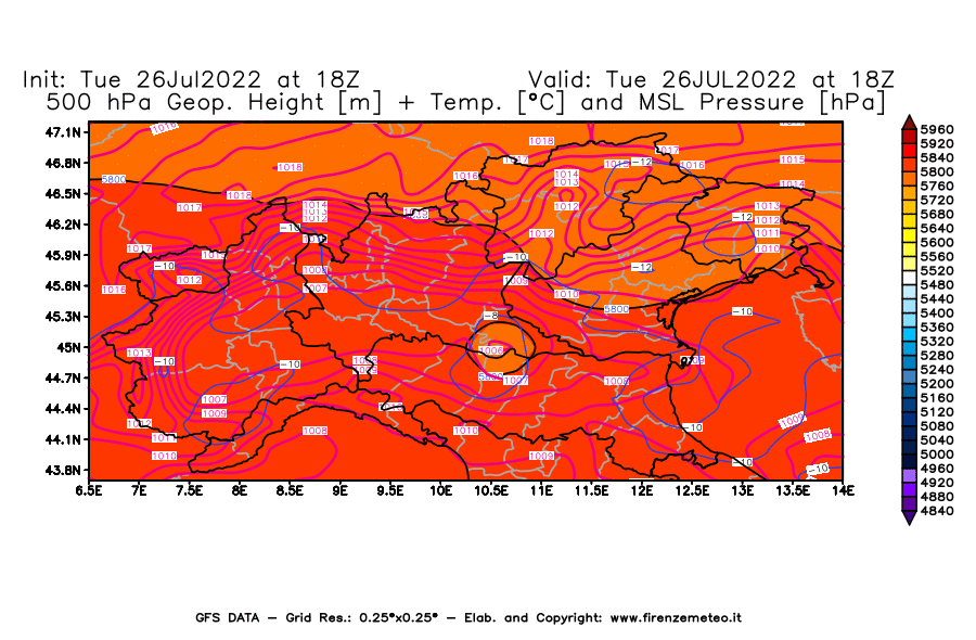 Mappa di analisi GFS - Geopotenziale [m] + Temp. [°C] a 500 hPa + Press. a livello del mare [hPa] in Nord-Italia
							del 26/07/2022 18 <!--googleoff: index-->UTC<!--googleon: index-->