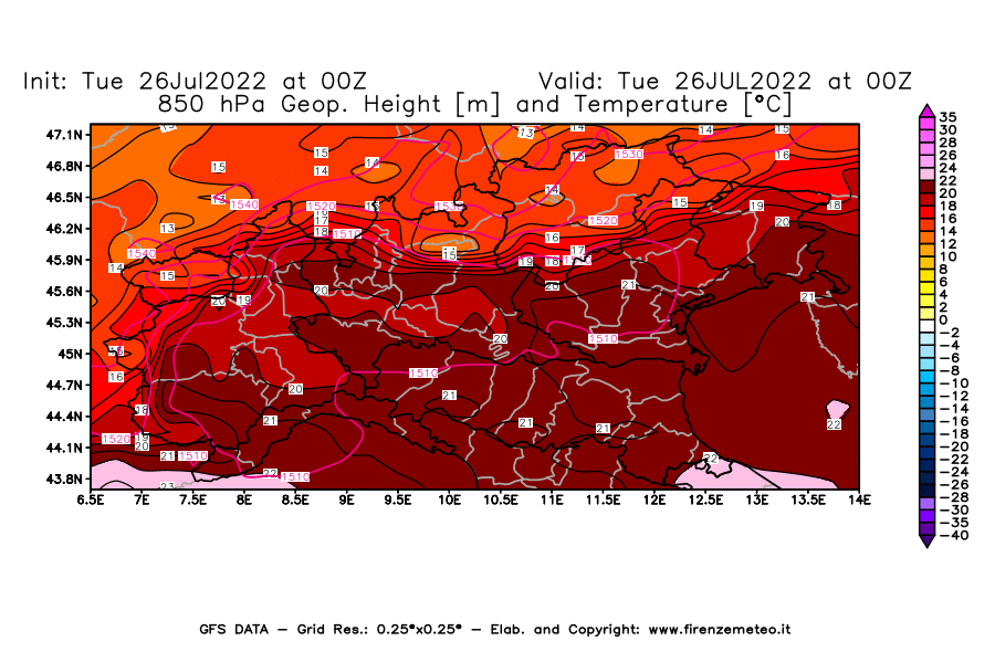 Mappa di analisi GFS - Geopotenziale [m] e Temperatura [°C] a 850 hPa in Nord-Italia
							del 26/07/2022 00 <!--googleoff: index-->UTC<!--googleon: index-->