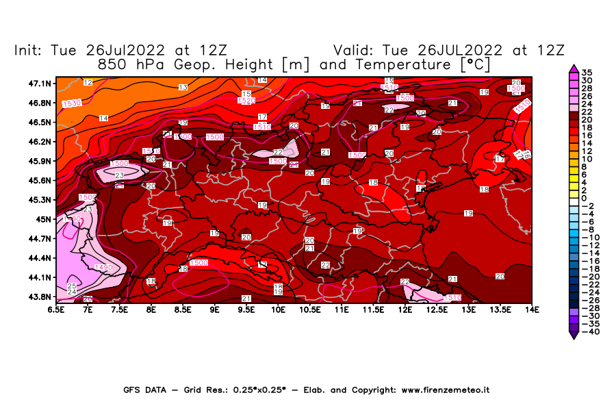 Mappa di analisi GFS - Geopotenziale [m] e Temperatura [°C] a 850 hPa in Nord-Italia
							del 26/07/2022 12 <!--googleoff: index-->UTC<!--googleon: index-->