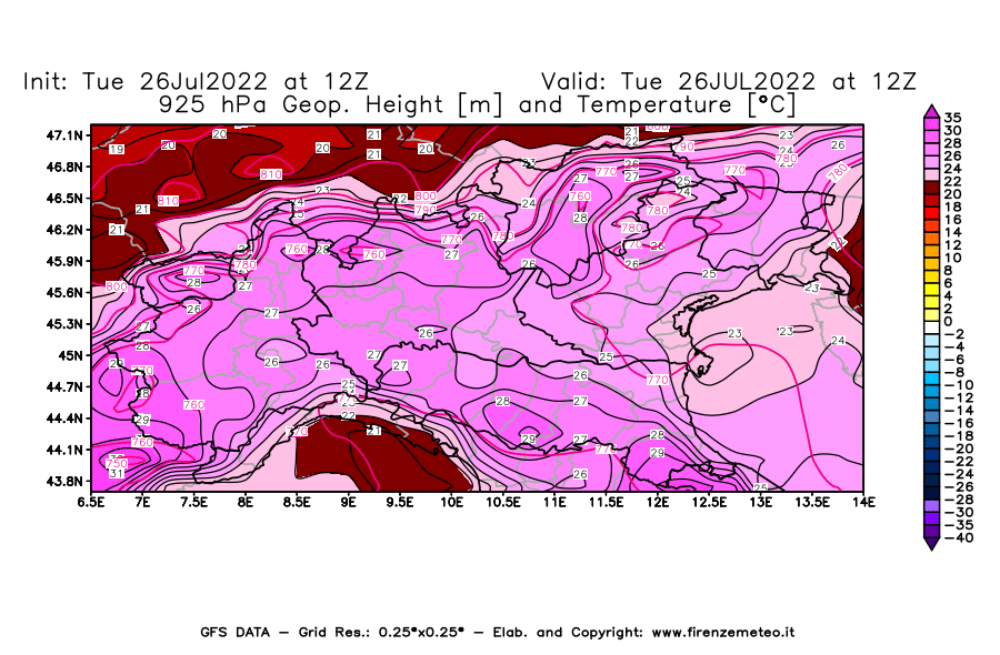 Mappa di analisi GFS - Geopotenziale [m] e Temperatura [°C] a 925 hPa in Nord-Italia
							del 26/07/2022 12 <!--googleoff: index-->UTC<!--googleon: index-->