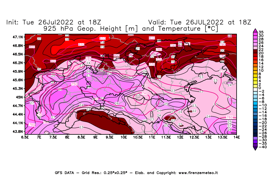 Mappa di analisi GFS - Geopotenziale [m] e Temperatura [°C] a 925 hPa in Nord-Italia
							del 26/07/2022 18 <!--googleoff: index-->UTC<!--googleon: index-->