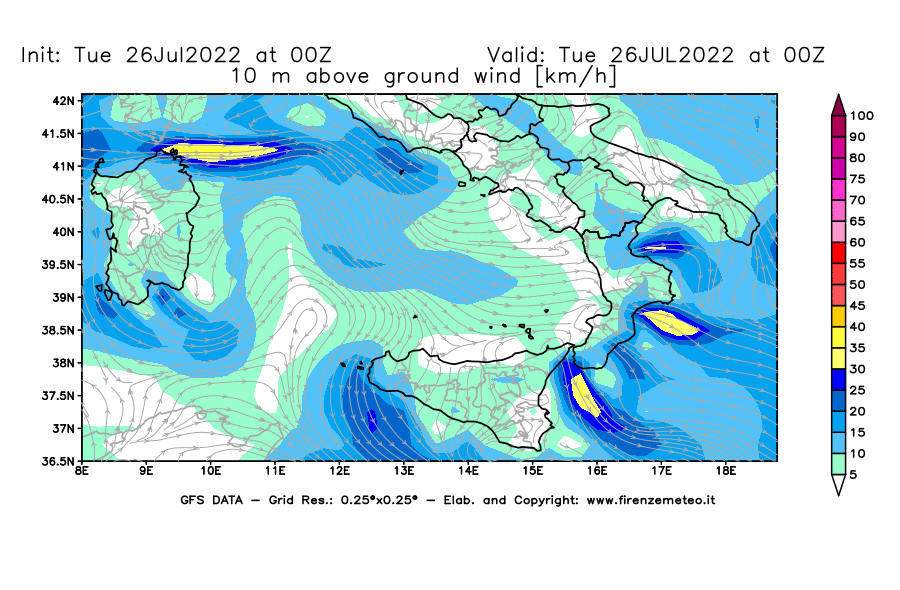 Mappa di analisi GFS - Velocità del vento a 10 metri dal suolo [km/h] in Sud-Italia
							del 26/07/2022 00 <!--googleoff: index-->UTC<!--googleon: index-->