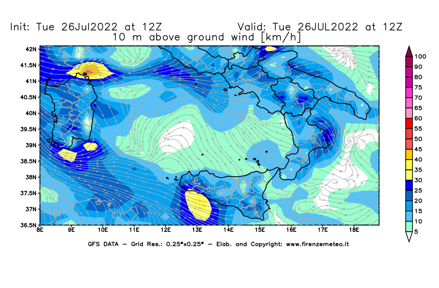 Mappa di analisi GFS - Velocità del vento a 10 metri dal suolo [km/h] in Sud-Italia
							del 26/07/2022 12 <!--googleoff: index-->UTC<!--googleon: index-->