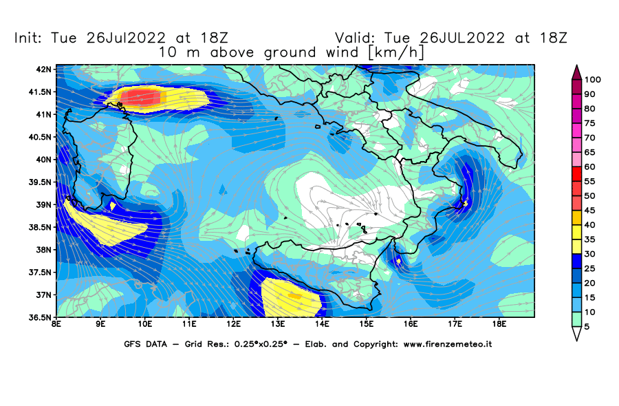 Mappa di analisi GFS - Velocità del vento a 10 metri dal suolo [km/h] in Sud-Italia
							del 26/07/2022 18 <!--googleoff: index-->UTC<!--googleon: index-->