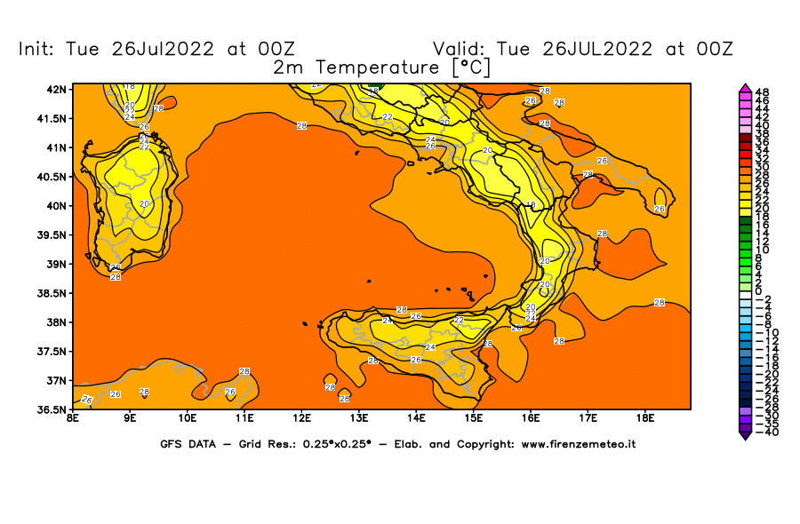 Mappa di analisi GFS - Temperatura a 2 metri dal suolo [°C] in Sud-Italia
							del 26/07/2022 00 <!--googleoff: index-->UTC<!--googleon: index-->