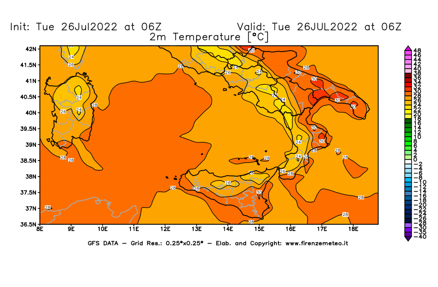Mappa di analisi GFS - Temperatura a 2 metri dal suolo [°C] in Sud-Italia
							del 26/07/2022 06 <!--googleoff: index-->UTC<!--googleon: index-->