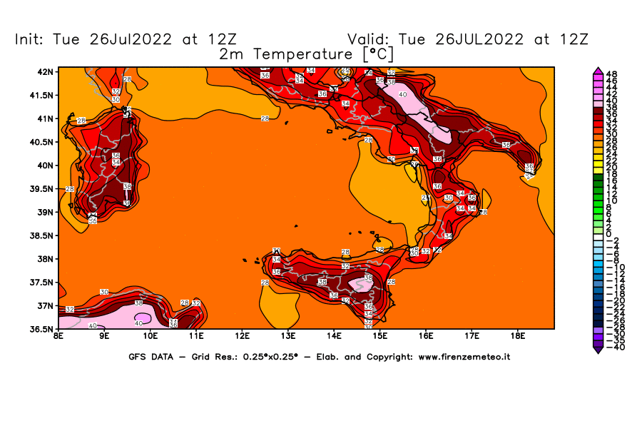Mappa di analisi GFS - Temperatura a 2 metri dal suolo [°C] in Sud-Italia
							del 26/07/2022 12 <!--googleoff: index-->UTC<!--googleon: index-->