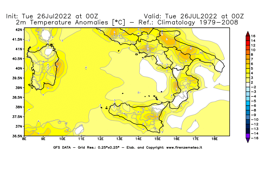 Mappa di analisi GFS - Anomalia Temperatura [°C] a 2 m in Sud-Italia
							del 26/07/2022 00 <!--googleoff: index-->UTC<!--googleon: index-->