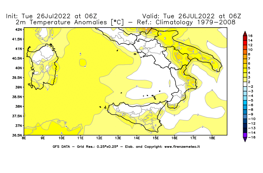 Mappa di analisi GFS - Anomalia Temperatura [°C] a 2 m in Sud-Italia
							del 26/07/2022 06 <!--googleoff: index-->UTC<!--googleon: index-->