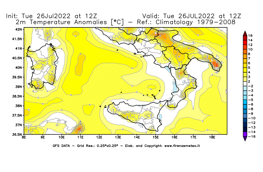 Mappa di analisi GFS - Anomalia Temperatura [°C] a 2 m in Sud-Italia
							del 26/07/2022 12 <!--googleoff: index-->UTC<!--googleon: index-->
