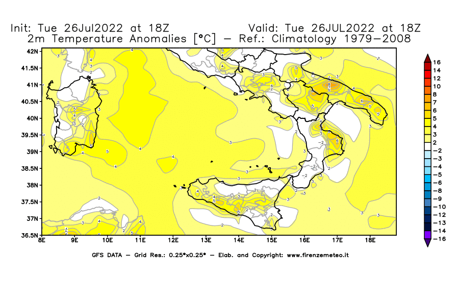Mappa di analisi GFS - Anomalia Temperatura [°C] a 2 m in Sud-Italia
							del 26/07/2022 18 <!--googleoff: index-->UTC<!--googleon: index-->