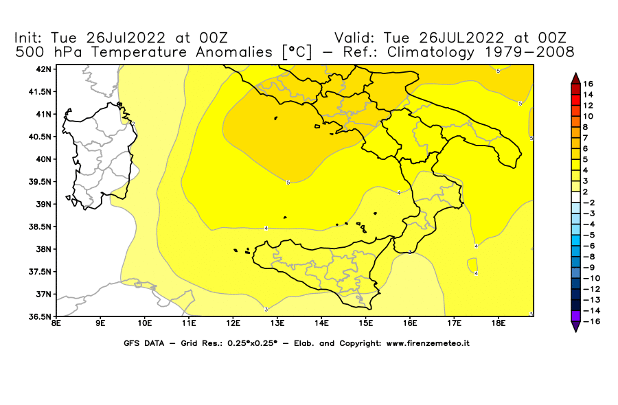 Mappa di analisi GFS - Anomalia Temperatura [°C] a 500 hPa in Sud-Italia
							del 26/07/2022 00 <!--googleoff: index-->UTC<!--googleon: index-->