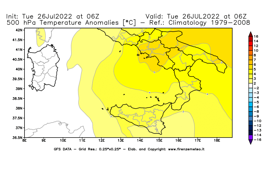 Mappa di analisi GFS - Anomalia Temperatura [°C] a 500 hPa in Sud-Italia
							del 26/07/2022 06 <!--googleoff: index-->UTC<!--googleon: index-->