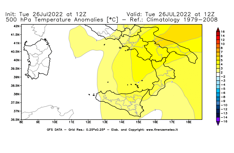 Mappa di analisi GFS - Anomalia Temperatura [°C] a 500 hPa in Sud-Italia
							del 26/07/2022 12 <!--googleoff: index-->UTC<!--googleon: index-->