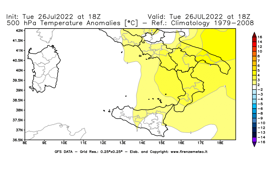 Mappa di analisi GFS - Anomalia Temperatura [°C] a 500 hPa in Sud-Italia
							del 26/07/2022 18 <!--googleoff: index-->UTC<!--googleon: index-->