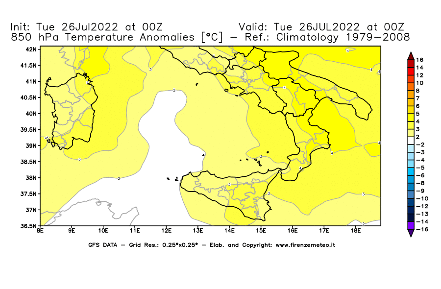 Mappa di analisi GFS - Anomalia Temperatura [°C] a 850 hPa in Sud-Italia
							del 26/07/2022 00 <!--googleoff: index-->UTC<!--googleon: index-->