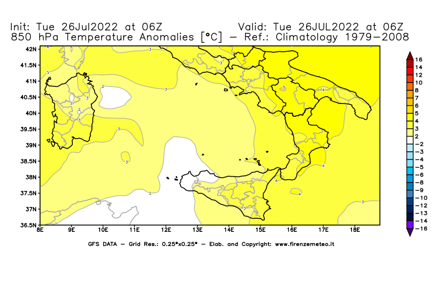 Mappa di analisi GFS - Anomalia Temperatura [°C] a 850 hPa in Sud-Italia
							del 26/07/2022 06 <!--googleoff: index-->UTC<!--googleon: index-->