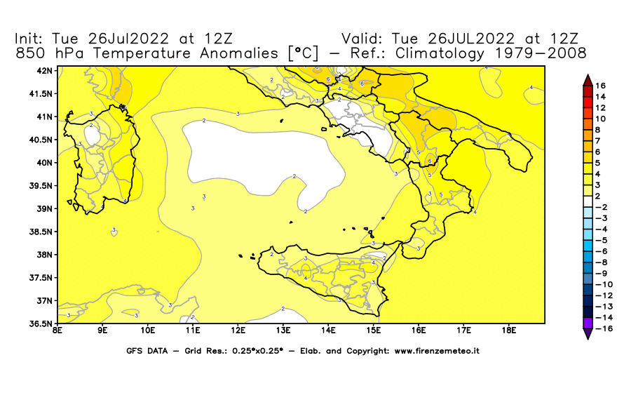 Mappa di analisi GFS - Anomalia Temperatura [°C] a 850 hPa in Sud-Italia
							del 26/07/2022 12 <!--googleoff: index-->UTC<!--googleon: index-->