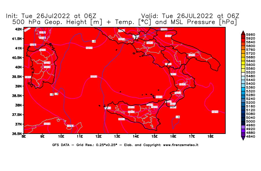 Mappa di analisi GFS - Geopotenziale [m] + Temp. [°C] a 500 hPa + Press. a livello del mare [hPa] in Sud-Italia
							del 26/07/2022 06 <!--googleoff: index-->UTC<!--googleon: index-->