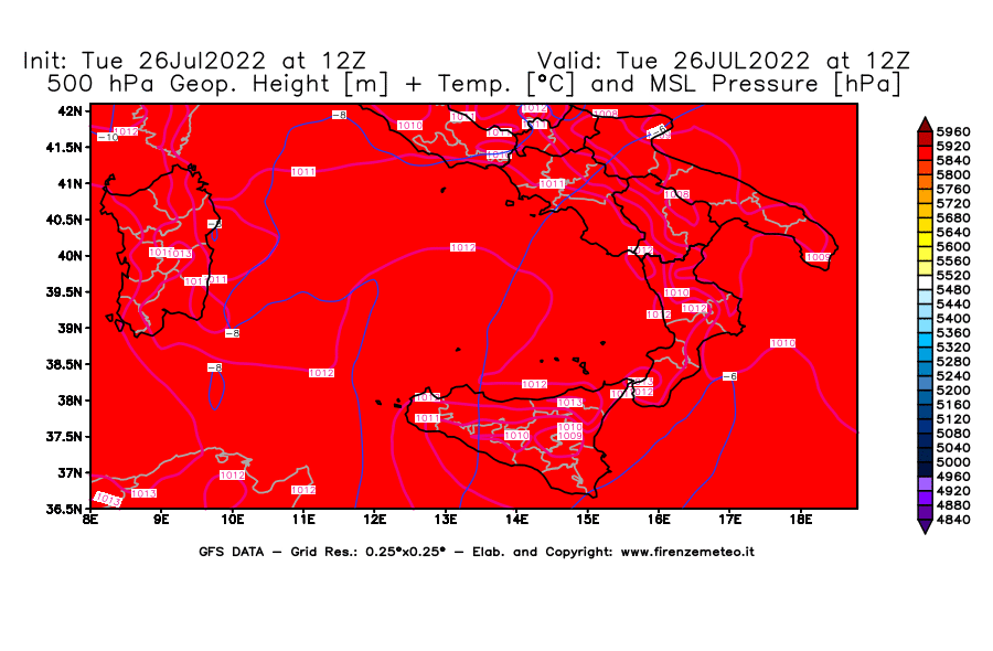 Mappa di analisi GFS - Geopotenziale [m] + Temp. [°C] a 500 hPa + Press. a livello del mare [hPa] in Sud-Italia
							del 26/07/2022 12 <!--googleoff: index-->UTC<!--googleon: index-->