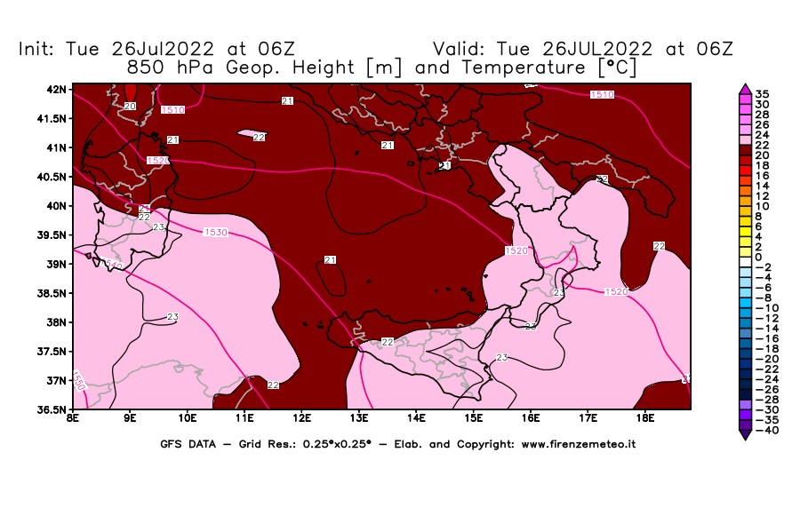 Mappa di analisi GFS - Geopotenziale [m] e Temperatura [°C] a 850 hPa in Sud-Italia
							del 26/07/2022 06 <!--googleoff: index-->UTC<!--googleon: index-->