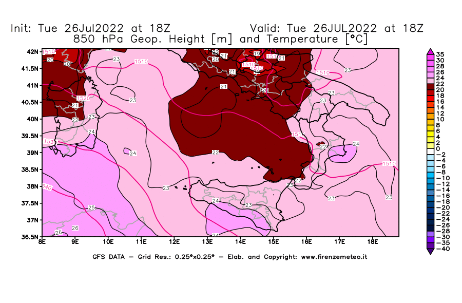 Mappa di analisi GFS - Geopotenziale [m] e Temperatura [°C] a 850 hPa in Sud-Italia
							del 26/07/2022 18 <!--googleoff: index-->UTC<!--googleon: index-->