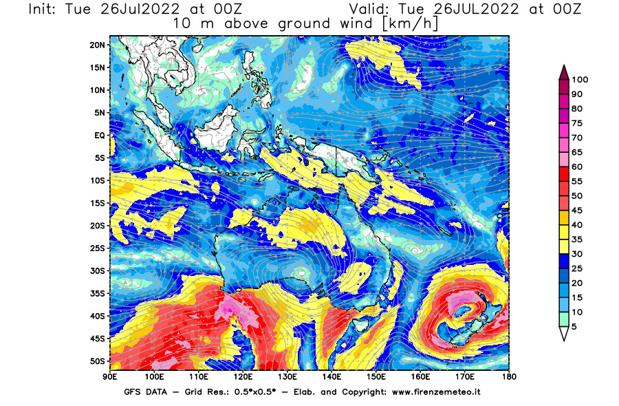Mappa di analisi GFS - Velocità del vento a 10 metri dal suolo [km/h] in Oceania
							del 26/07/2022 00 <!--googleoff: index-->UTC<!--googleon: index-->