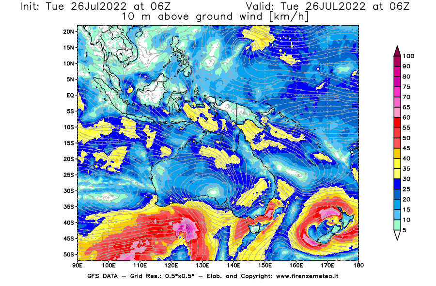 Mappa di analisi GFS - Velocità del vento a 10 metri dal suolo [km/h] in Oceania
							del 26/07/2022 06 <!--googleoff: index-->UTC<!--googleon: index-->