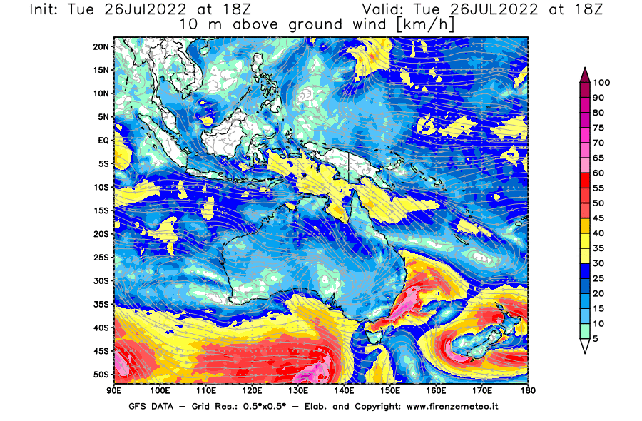 Mappa di analisi GFS - Velocità del vento a 10 metri dal suolo [km/h] in Oceania
							del 26/07/2022 18 <!--googleoff: index-->UTC<!--googleon: index-->
