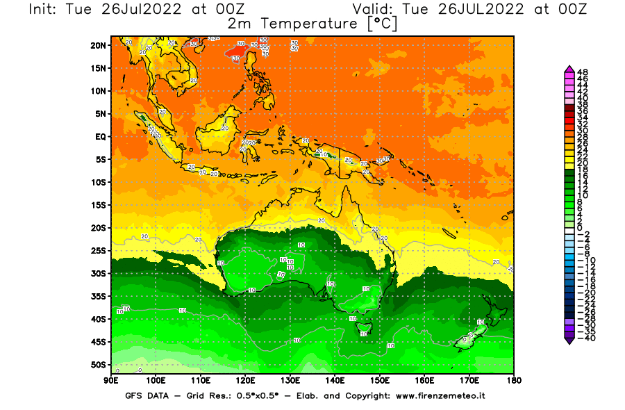 Mappa di analisi GFS - Temperatura a 2 metri dal suolo [°C] in Oceania
							del 26/07/2022 00 <!--googleoff: index-->UTC<!--googleon: index-->