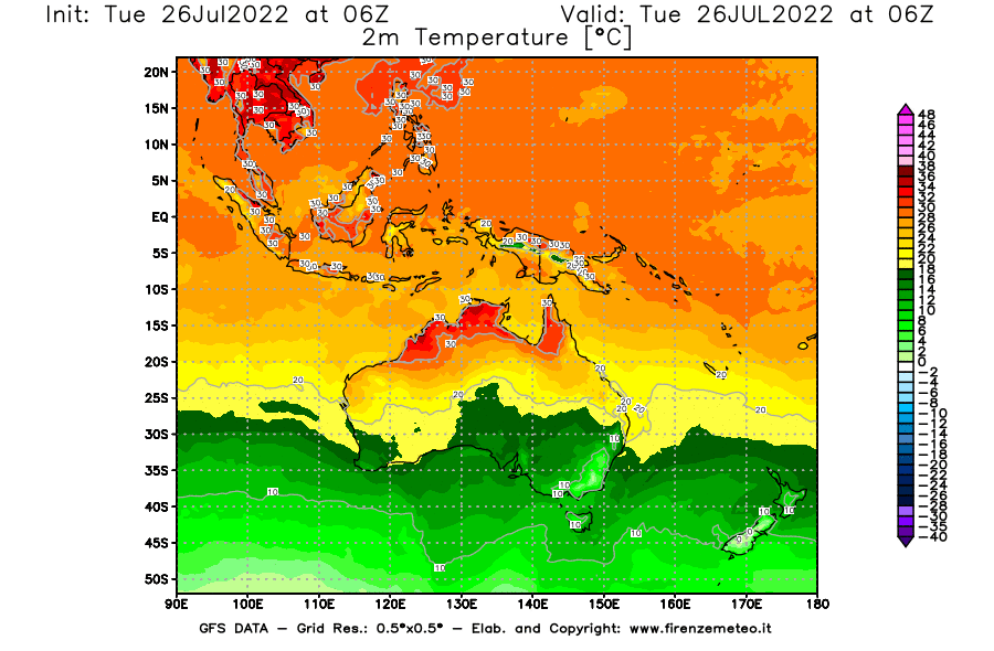 Mappa di analisi GFS - Temperatura a 2 metri dal suolo [°C] in Oceania
							del 26/07/2022 06 <!--googleoff: index-->UTC<!--googleon: index-->