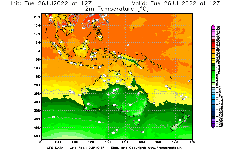Mappa di analisi GFS - Temperatura a 2 metri dal suolo [°C] in Oceania
							del 26/07/2022 12 <!--googleoff: index-->UTC<!--googleon: index-->