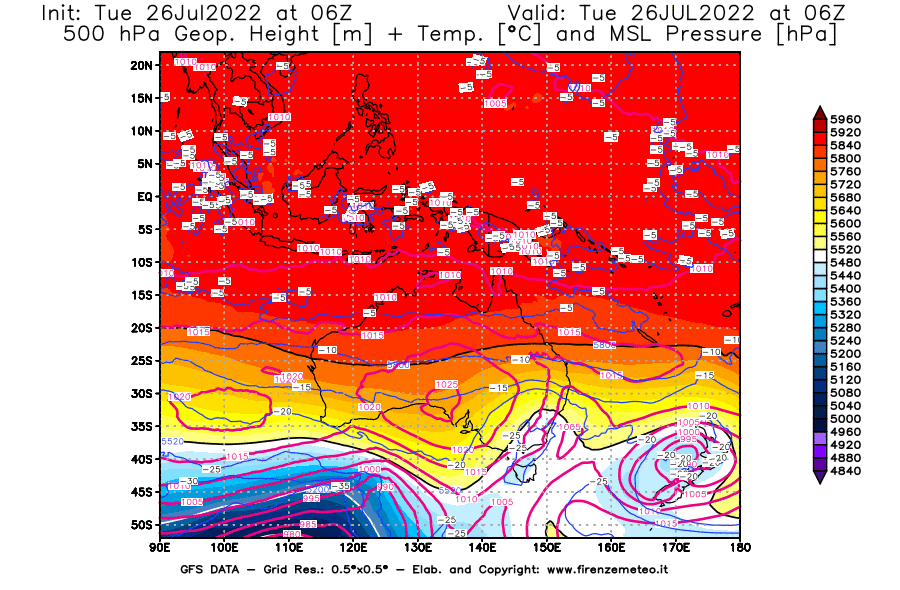 Mappa di analisi GFS - Geopotenziale [m] + Temp. [°C] a 500 hPa + Press. a livello del mare [hPa] in Oceania
							del 26/07/2022 06 <!--googleoff: index-->UTC<!--googleon: index-->
