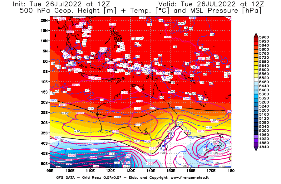 Mappa di analisi GFS - Geopotenziale [m] + Temp. [°C] a 500 hPa + Press. a livello del mare [hPa] in Oceania
							del 26/07/2022 12 <!--googleoff: index-->UTC<!--googleon: index-->