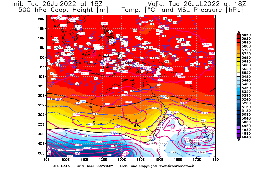 Mappa di analisi GFS - Geopotenziale [m] + Temp. [°C] a 500 hPa + Press. a livello del mare [hPa] in Oceania
							del 26/07/2022 18 <!--googleoff: index-->UTC<!--googleon: index-->