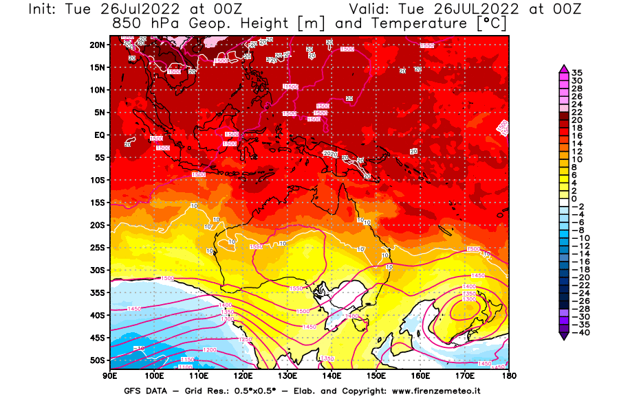 Mappa di analisi GFS - Geopotenziale [m] e Temperatura [°C] a 850 hPa in Oceania
							del 26/07/2022 00 <!--googleoff: index-->UTC<!--googleon: index-->