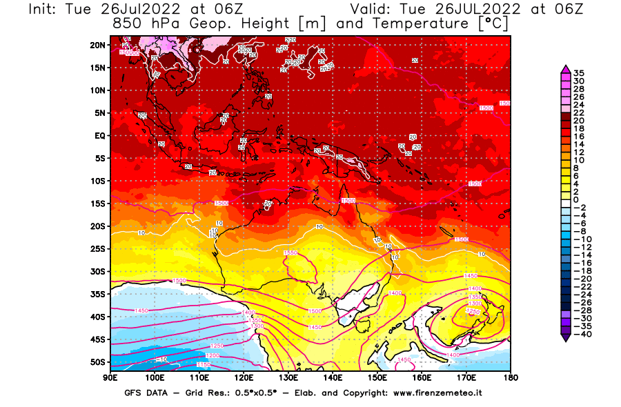 Mappa di analisi GFS - Geopotenziale [m] e Temperatura [°C] a 850 hPa in Oceania
							del 26/07/2022 06 <!--googleoff: index-->UTC<!--googleon: index-->