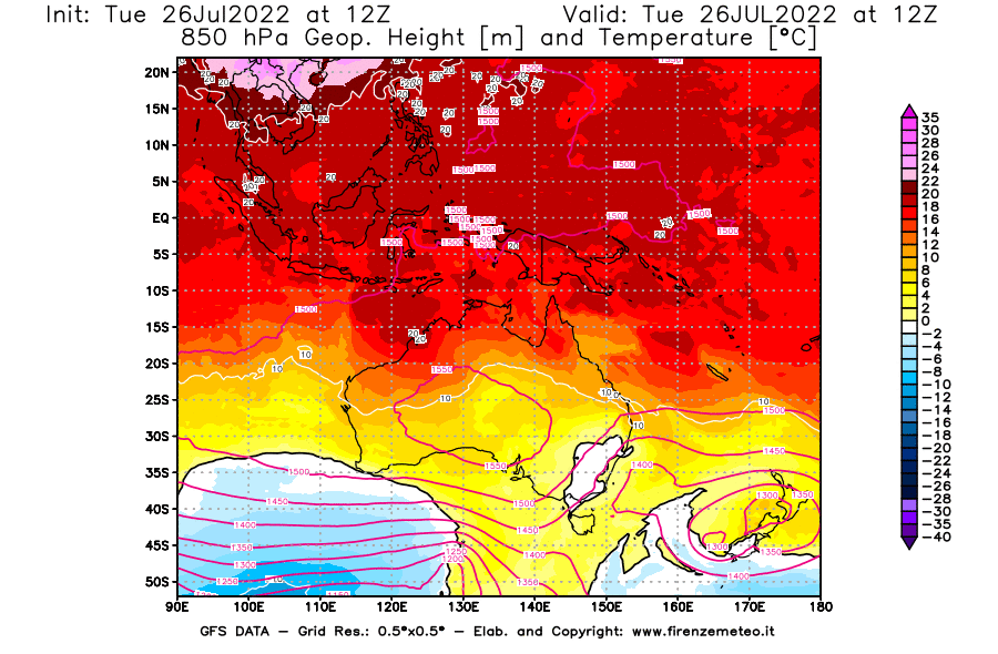 Mappa di analisi GFS - Geopotenziale [m] e Temperatura [°C] a 850 hPa in Oceania
							del 26/07/2022 12 <!--googleoff: index-->UTC<!--googleon: index-->