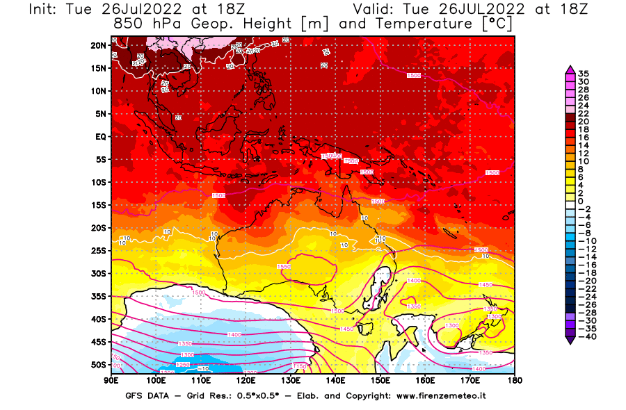 Mappa di analisi GFS - Geopotenziale [m] e Temperatura [°C] a 850 hPa in Oceania
							del 26/07/2022 18 <!--googleoff: index-->UTC<!--googleon: index-->