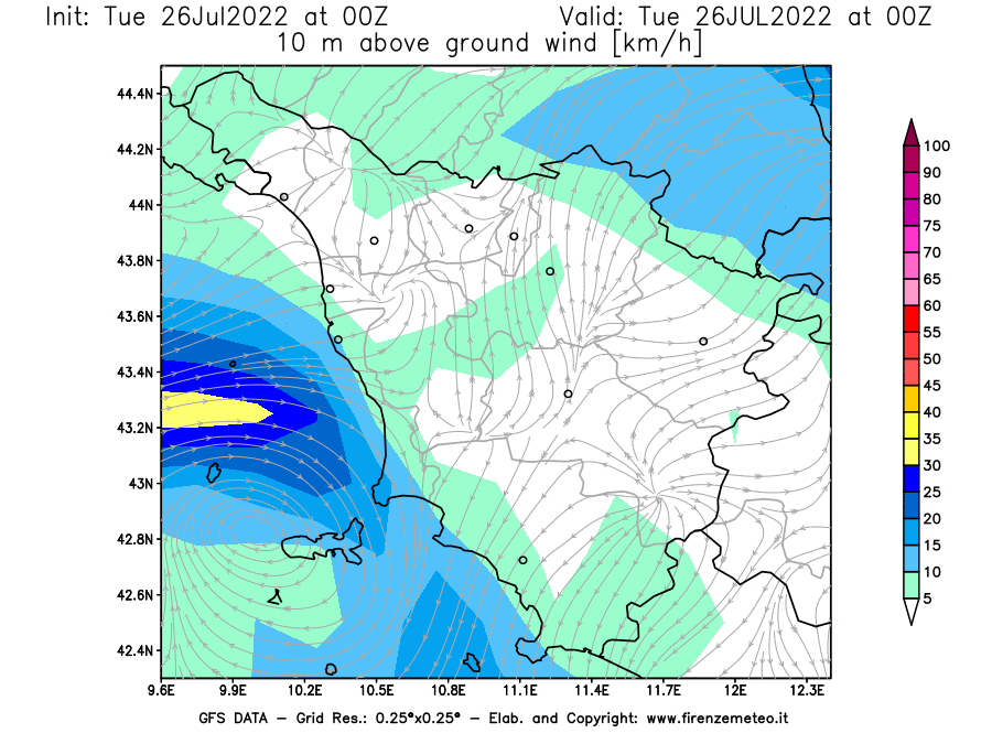 Mappa di analisi GFS - Velocità del vento a 10 metri dal suolo [km/h] in Toscana
							del 26/07/2022 00 <!--googleoff: index-->UTC<!--googleon: index-->