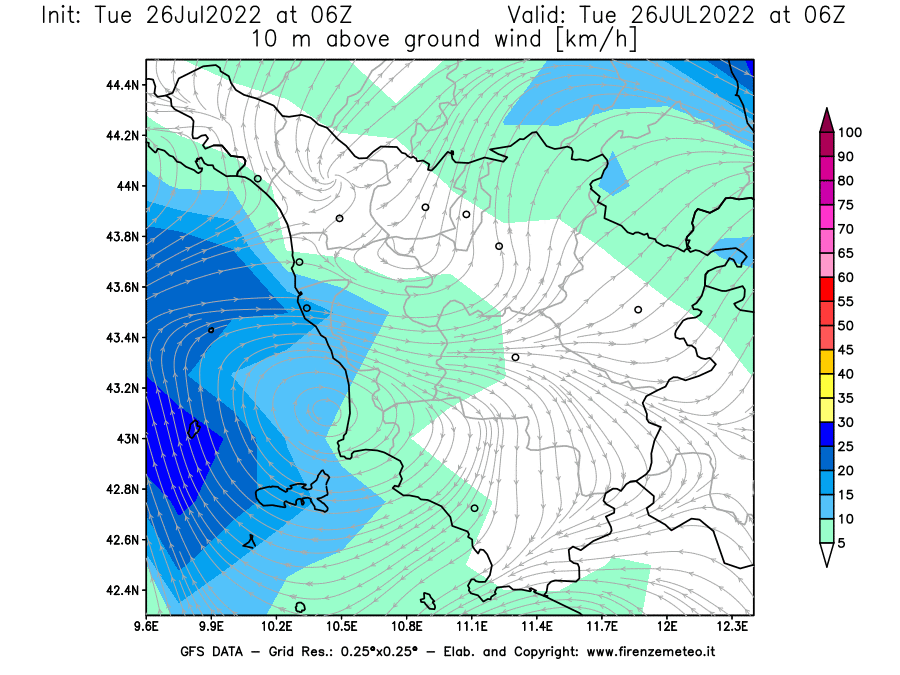 Mappa di analisi GFS - Velocità del vento a 10 metri dal suolo [km/h] in Toscana
							del 26/07/2022 06 <!--googleoff: index-->UTC<!--googleon: index-->