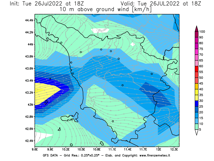 Mappa di analisi GFS - Velocità del vento a 10 metri dal suolo [km/h] in Toscana
							del 26/07/2022 18 <!--googleoff: index-->UTC<!--googleon: index-->