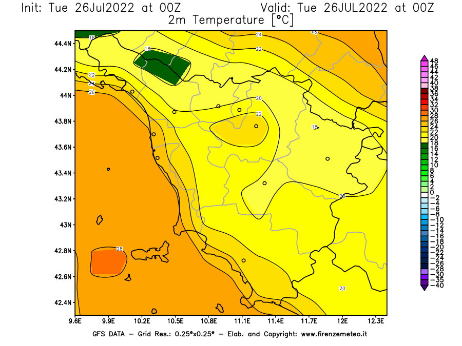 Mappa di analisi GFS - Temperatura a 2 metri dal suolo [°C] in Toscana
							del 26/07/2022 00 <!--googleoff: index-->UTC<!--googleon: index-->