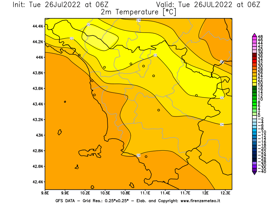 Mappa di analisi GFS - Temperatura a 2 metri dal suolo [°C] in Toscana
							del 26/07/2022 06 <!--googleoff: index-->UTC<!--googleon: index-->