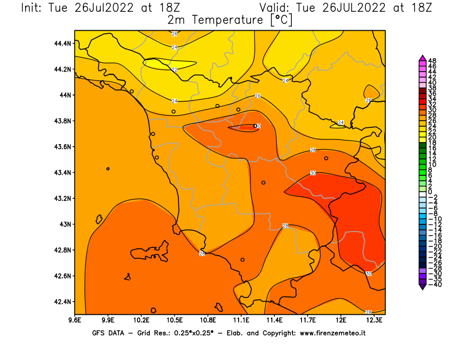 Mappa di analisi GFS - Temperatura a 2 metri dal suolo [°C] in Toscana
							del 26/07/2022 18 <!--googleoff: index-->UTC<!--googleon: index-->