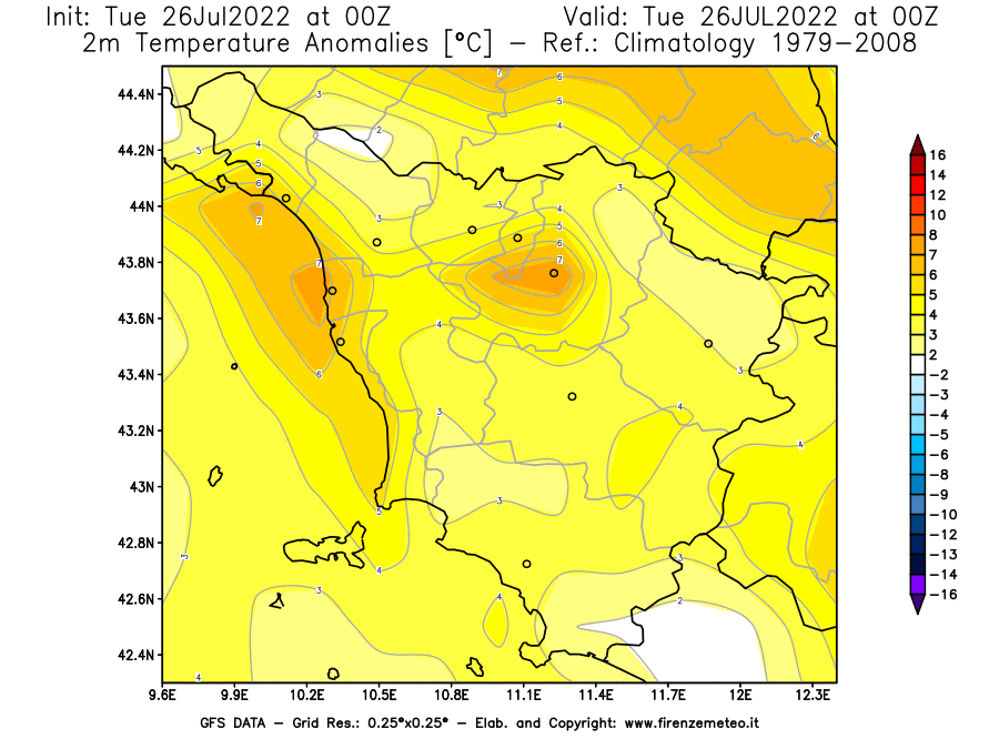 Mappa di analisi GFS - Anomalia Temperatura [°C] a 2 m in Toscana
							del 26/07/2022 00 <!--googleoff: index-->UTC<!--googleon: index-->