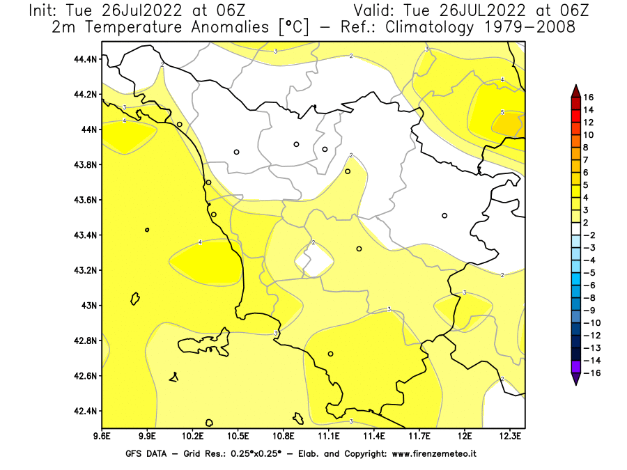 Mappa di analisi GFS - Anomalia Temperatura [°C] a 2 m in Toscana
							del 26/07/2022 06 <!--googleoff: index-->UTC<!--googleon: index-->