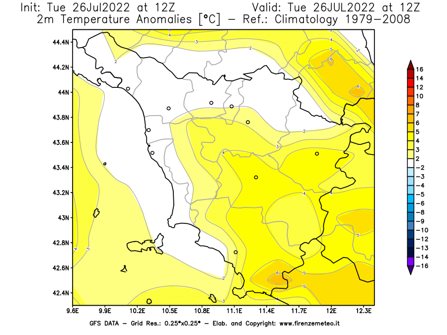 Mappa di analisi GFS - Anomalia Temperatura [°C] a 2 m in Toscana
							del 26/07/2022 12 <!--googleoff: index-->UTC<!--googleon: index-->